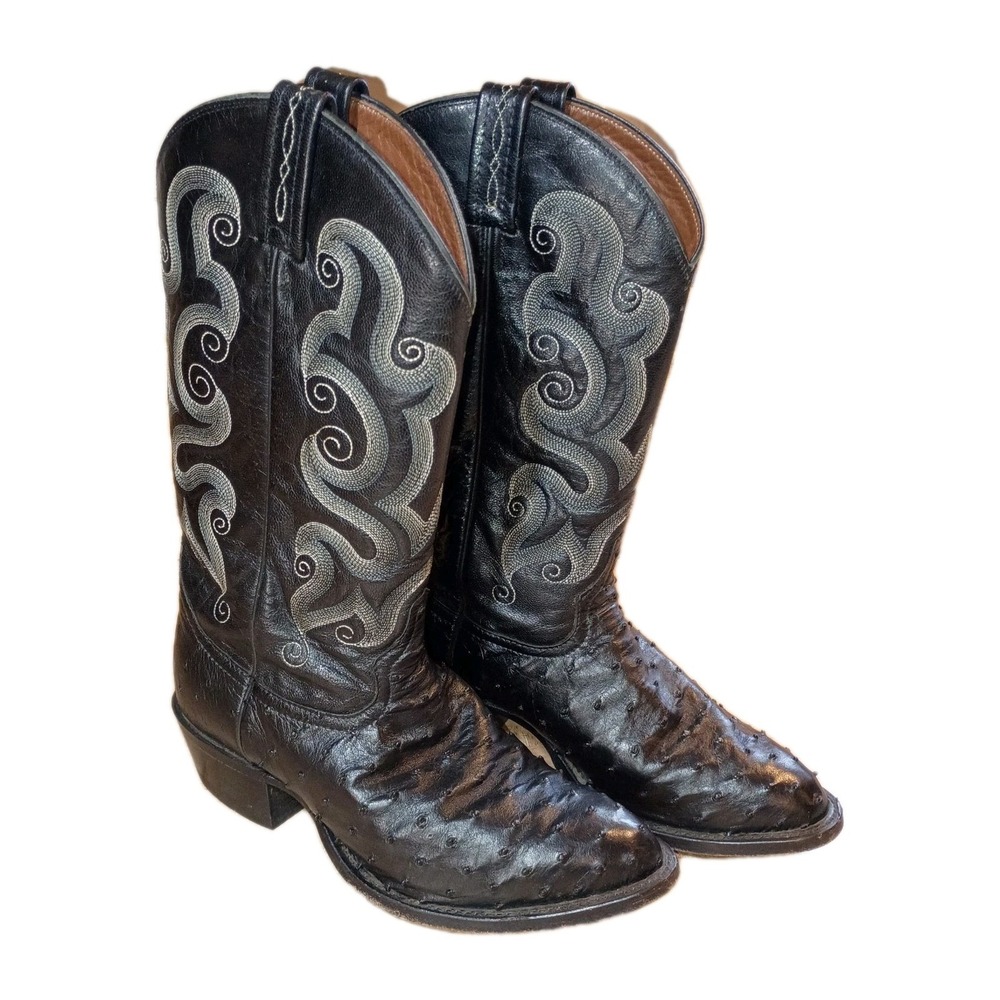 Tony Lama Ostrich Western Boots Mens 8.5D Round Toe Black Leather Classic Cowboy
